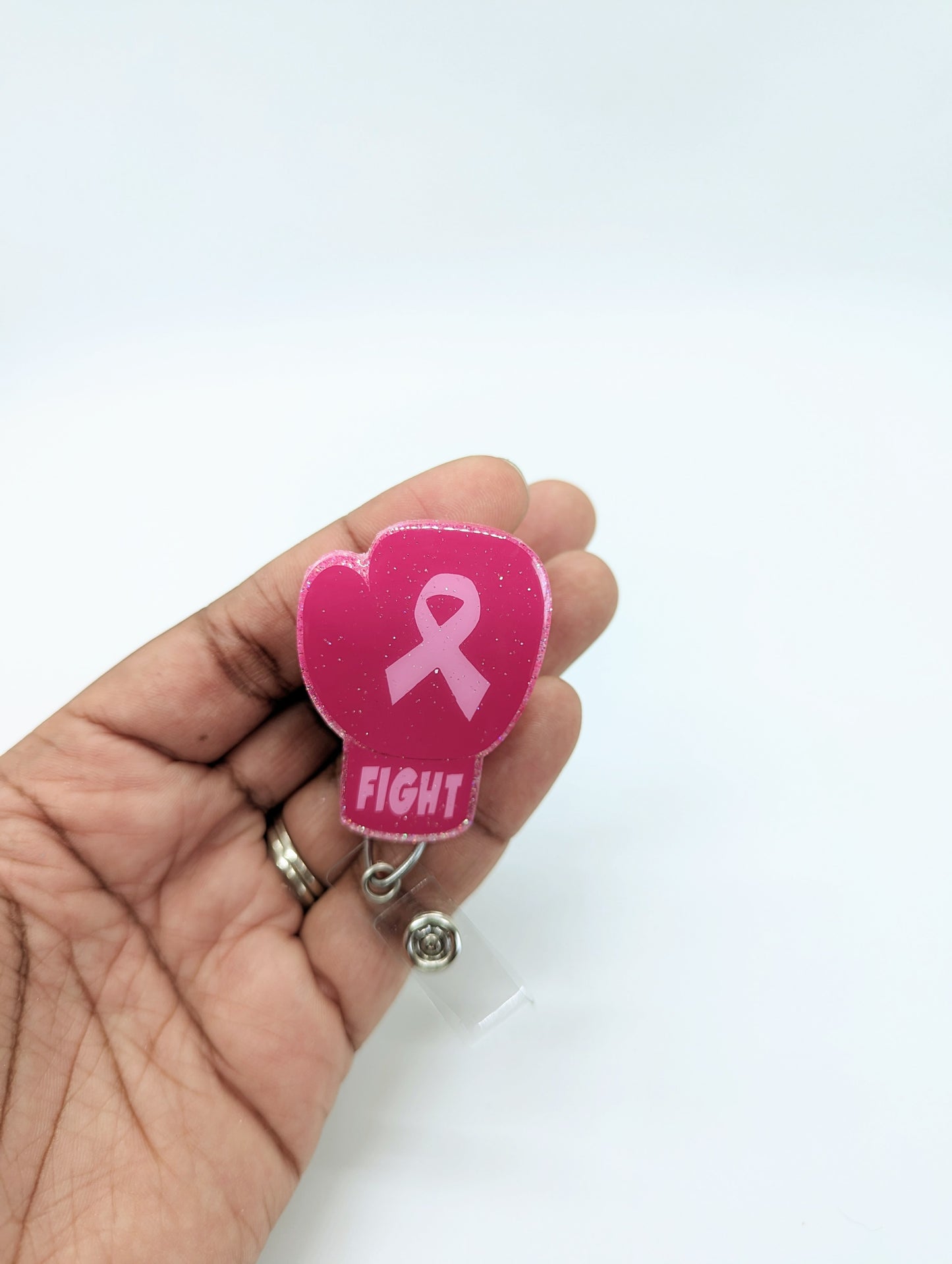 Pink Ribbon Boxing Glove Badge Reel