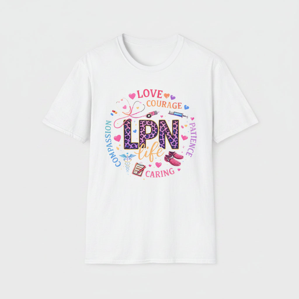 White t-shirt with colorful 'LPN Life' design on a white background