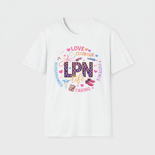 White t-shirt with colorful 'LPN Life' design on a white background