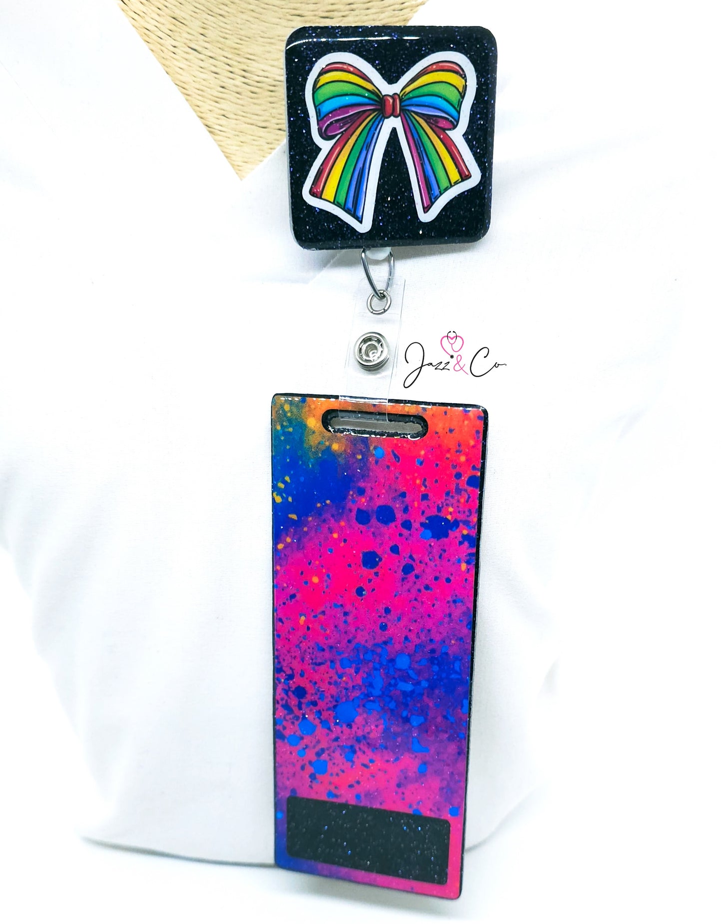 Rainbow Coquette Bow Badge Reel Set: Personalized Sparkle for Nurses & Professionals