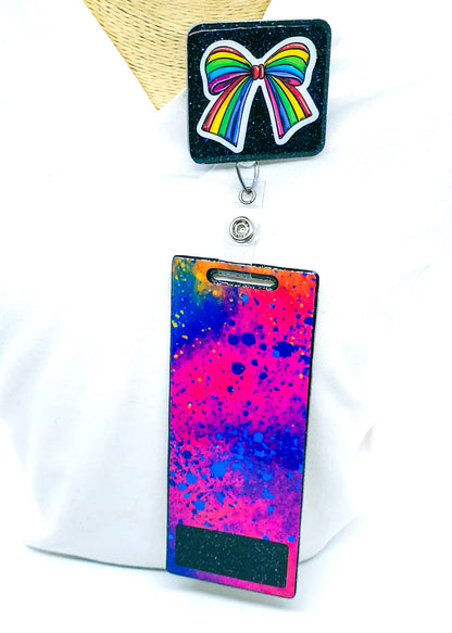 Rainbow Coquette Bow Badge Reel Set: Personalized Sparkle for Nurses & Professionals