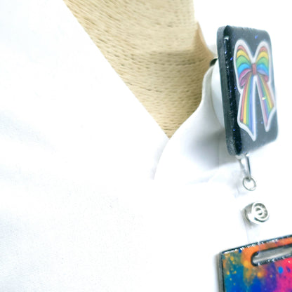 Rainbow Coquette Bow Badge Reel Set: Personalized Sparkle for Nurses & Professionals