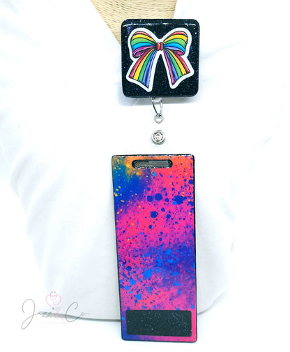 Rainbow Coquette Bow Badge Reel Set: Personalized Sparkle for Nurses & Professionals