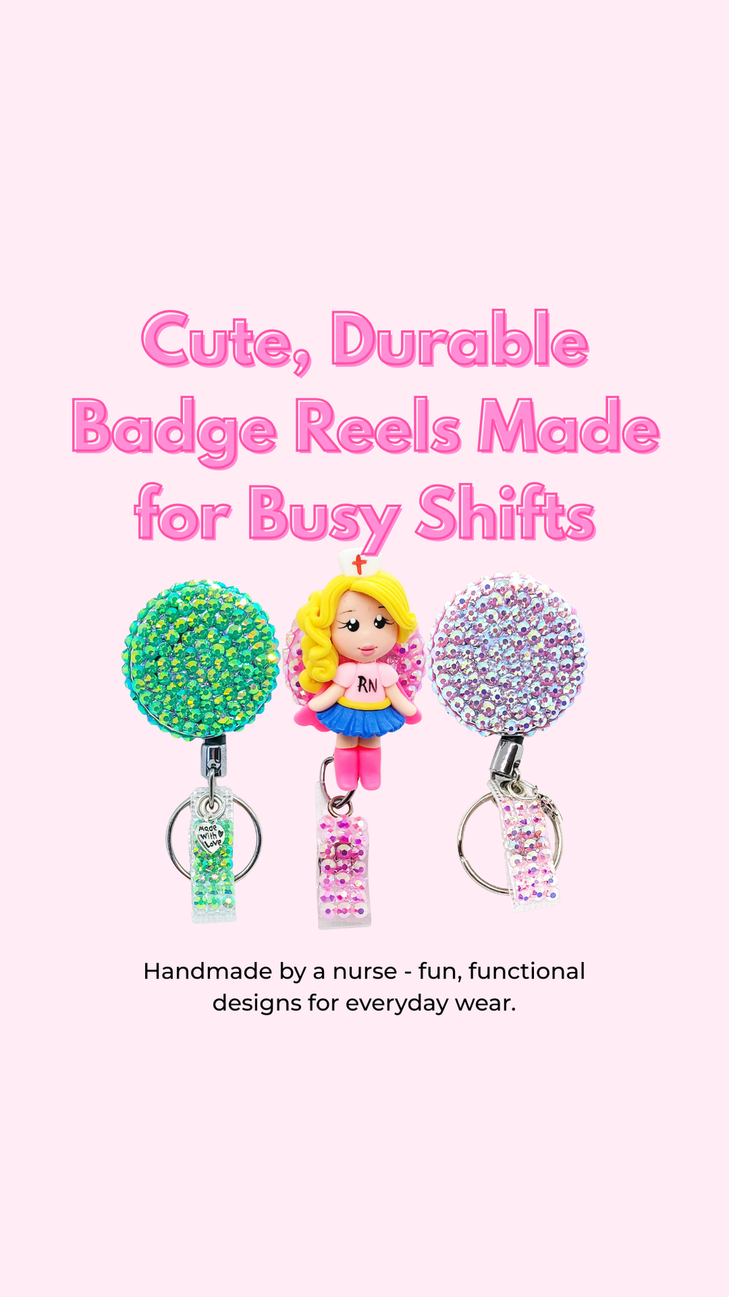 Three colorful badge reels with a cartoon character on a white background, text about durable badge reels for busy shifts.