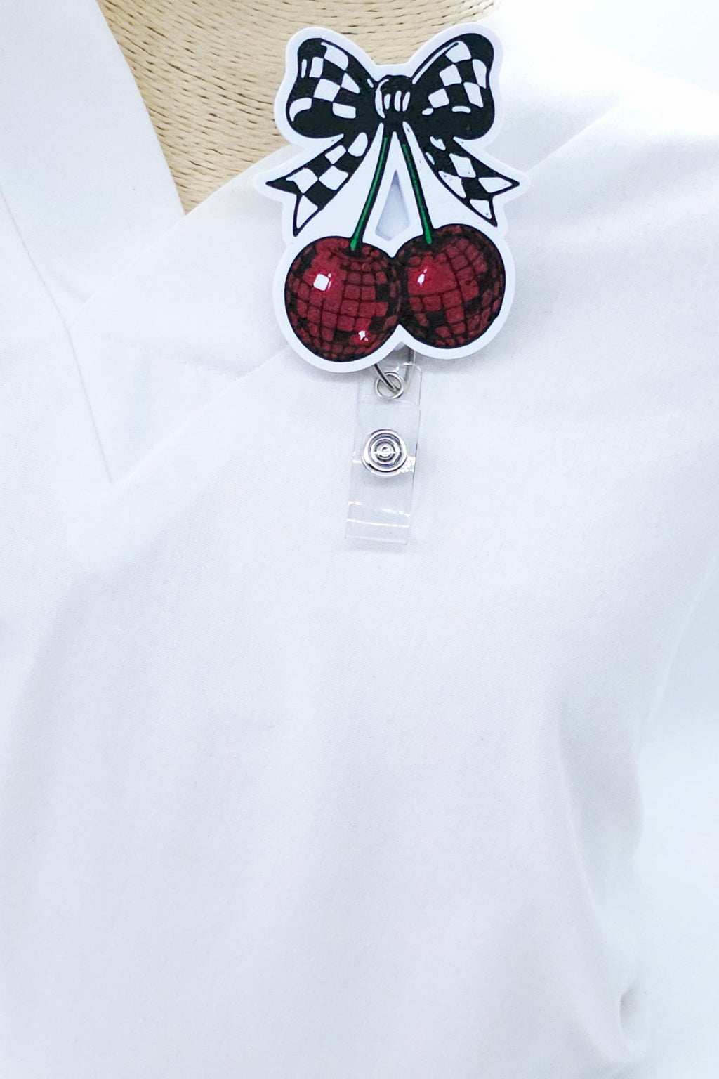 Disco Cherry Checkered Bow Badge Reel – Retractable Badge Holder for Nurses