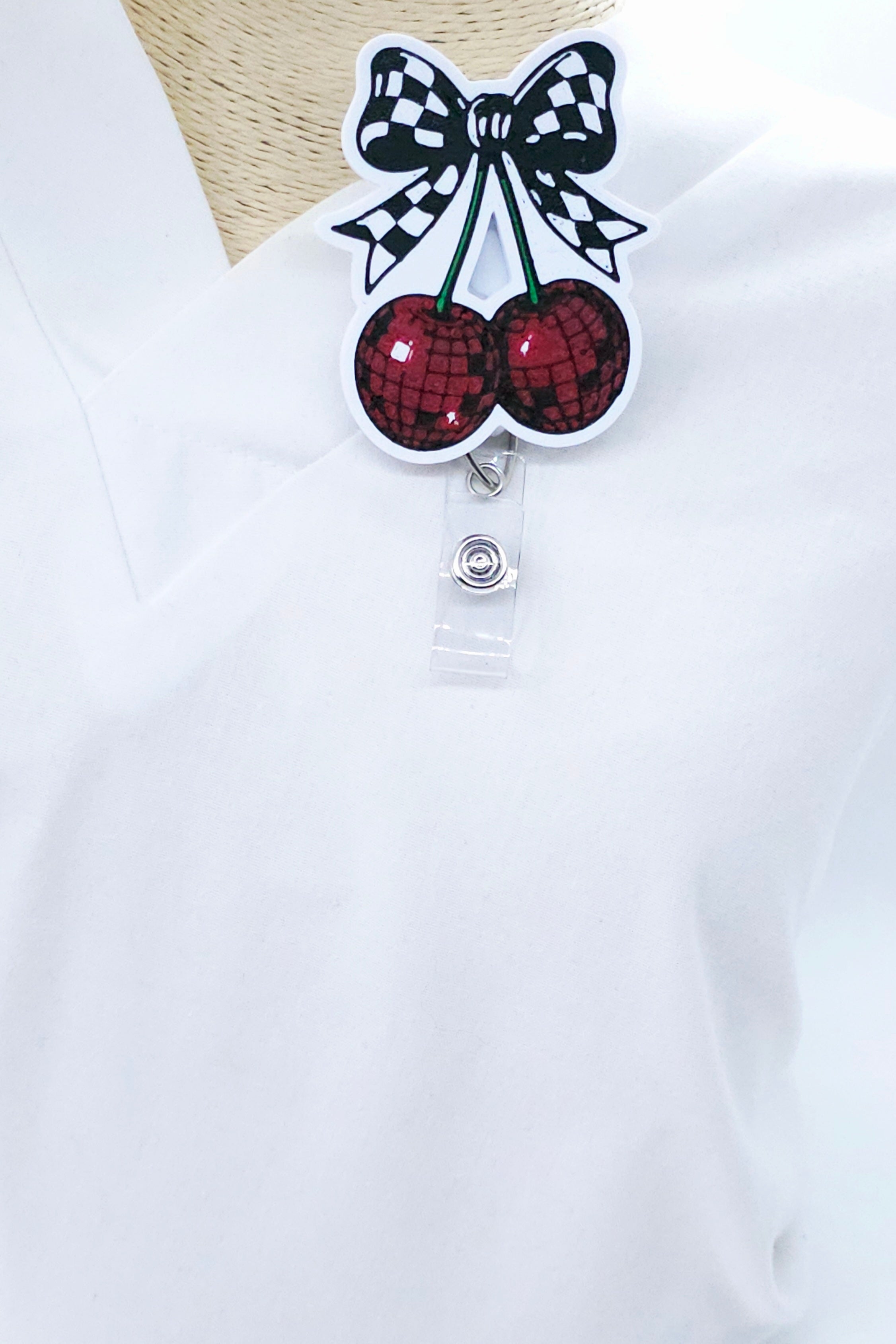 Disco Cherry Checkered Bow Badge Reel – Retractable Badge Holder for Nurses