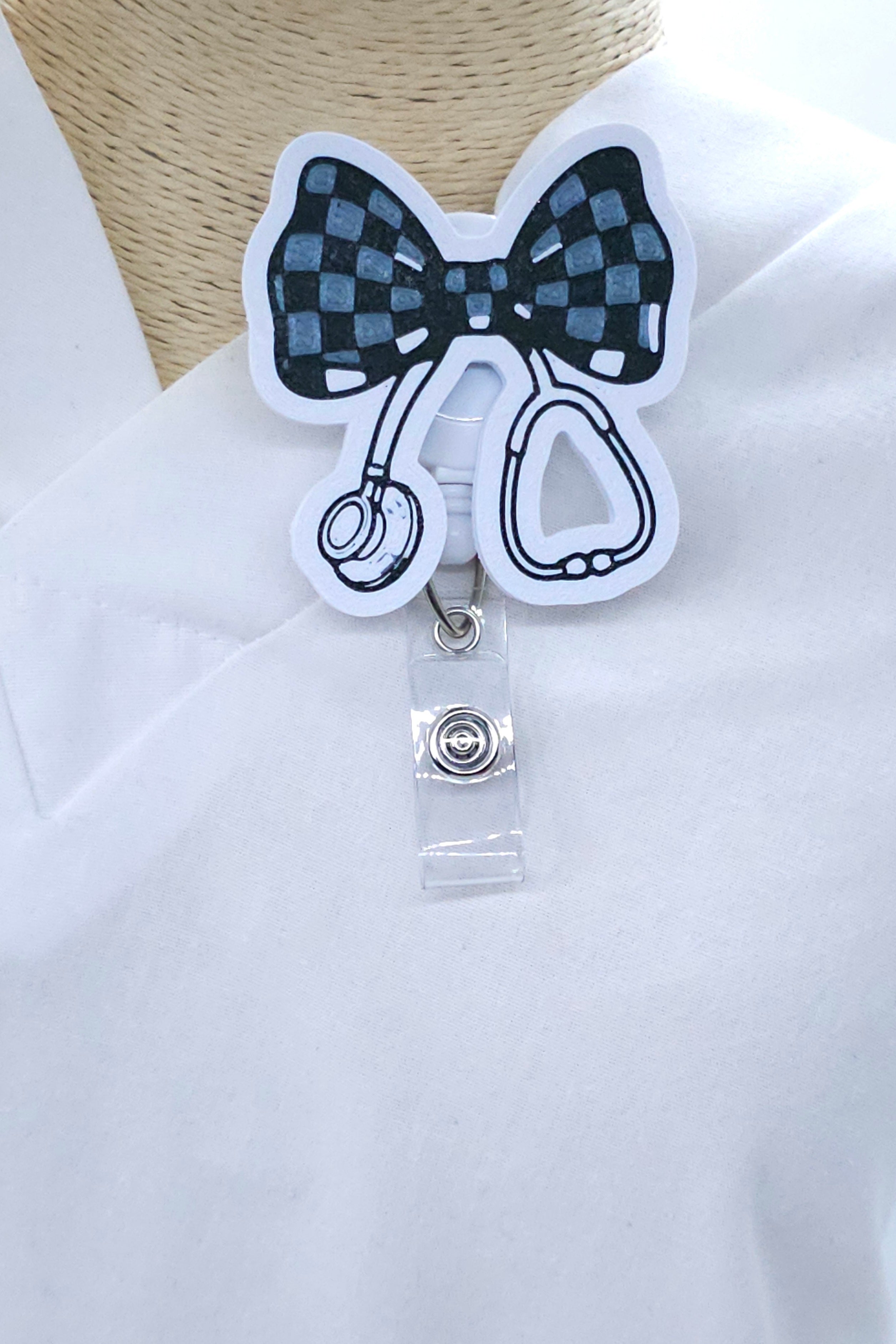 Checkered Bow Stethoscope Badge Reel – Retractable Nurse Badge Holder