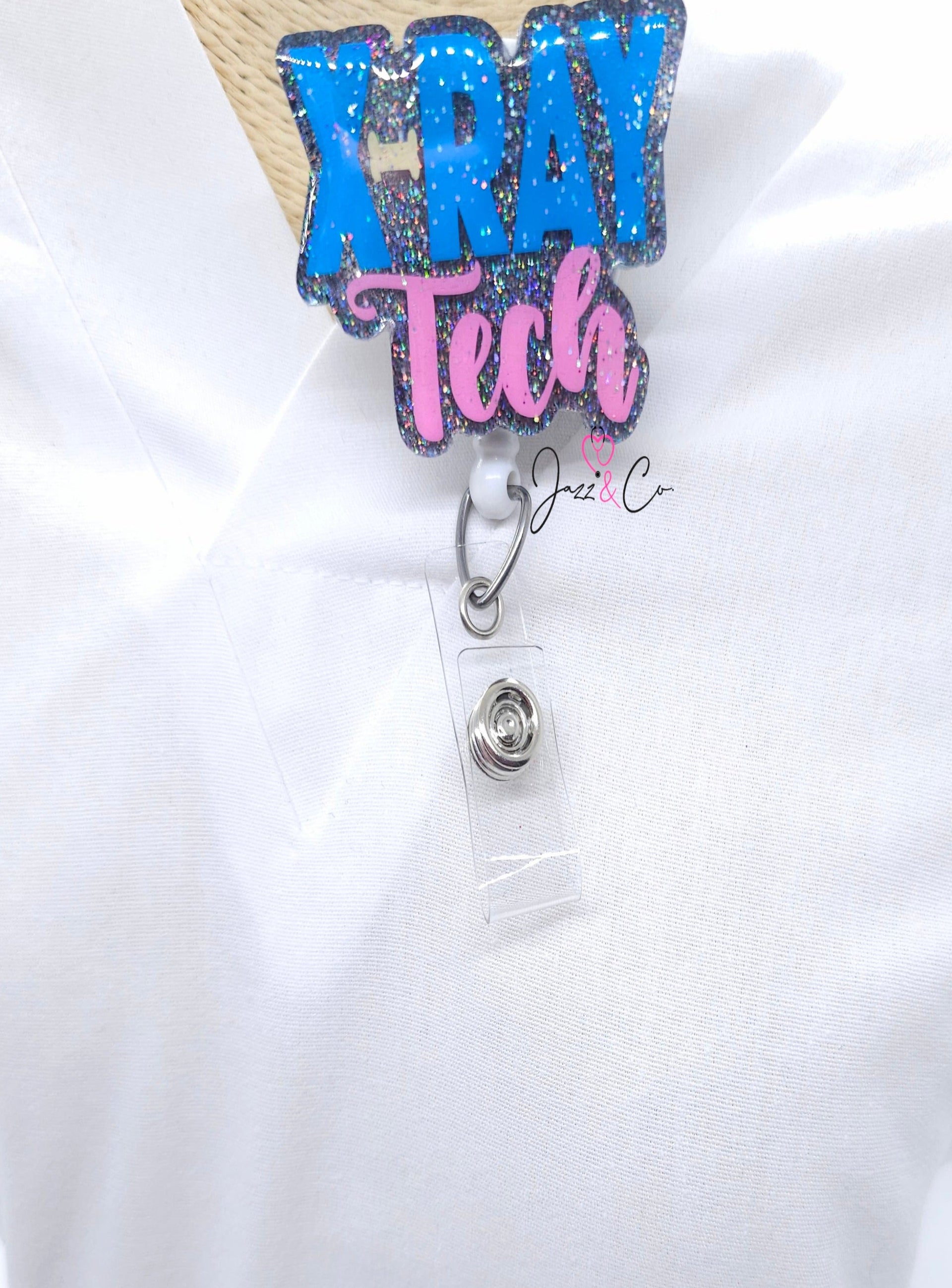 X-Ray Tech Acrylic Badge Reel - Silver Glitter Nurse Badge Holder