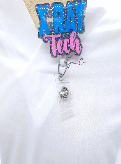 X-Ray Tech Acrylic Badge Reel - Silver Glitter Nurse Badge Holder