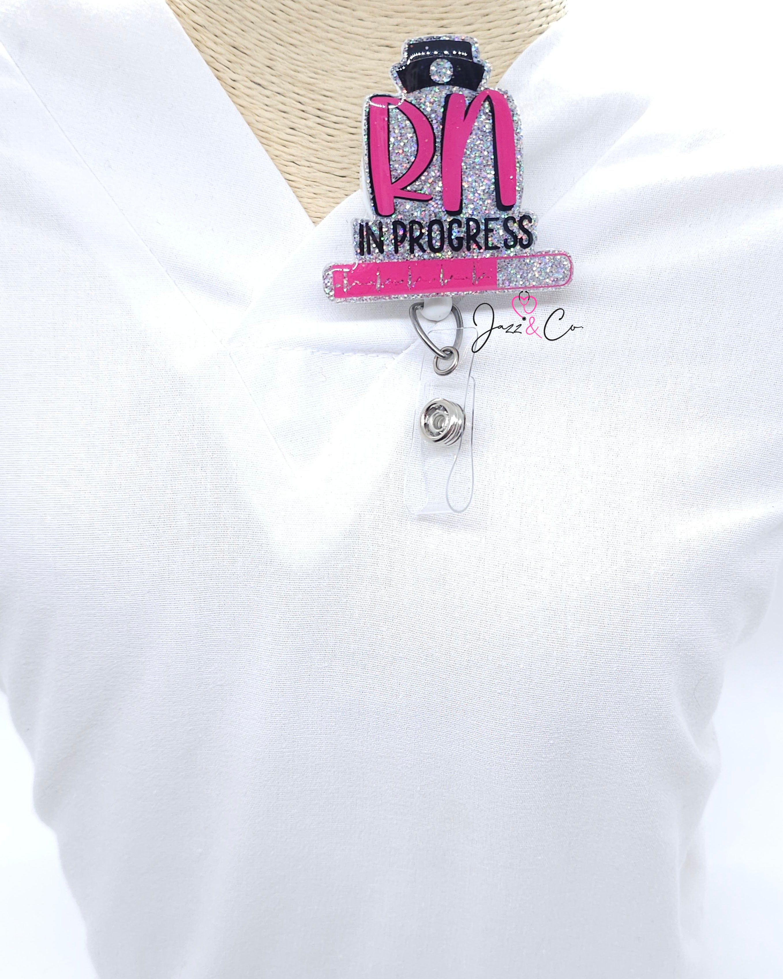 RN in Progress Acrylic Badge Reel - Glitter Nurse Badge Holder