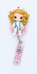 Nurse Doll Badge Reel | Clay Topper + Shaker ID Holder