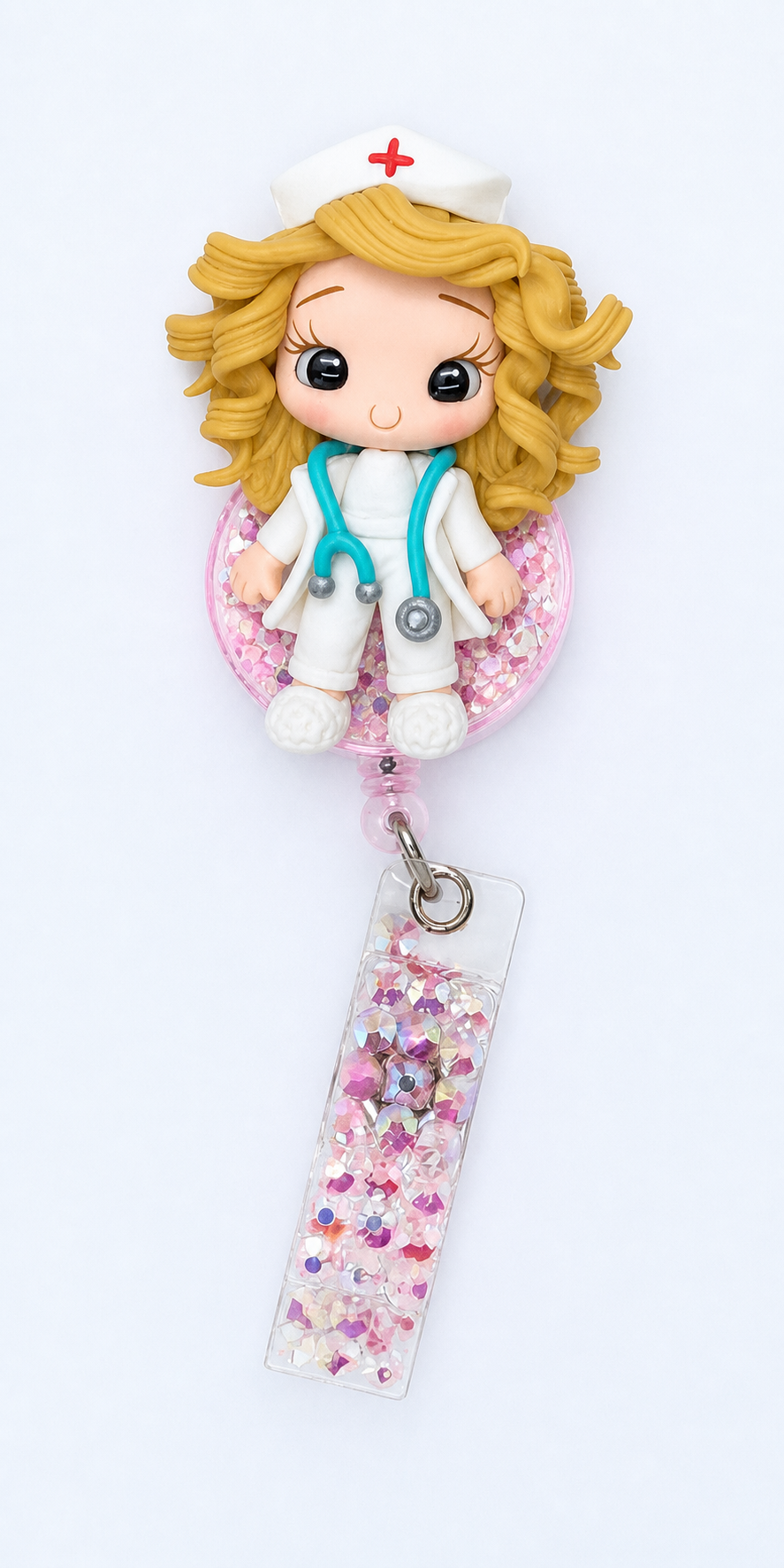 Nurse Doll Badge Reel | Clay Topper + Shaker ID Holder