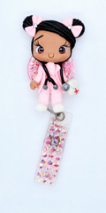 Pink Scrubs Nurse Badge Reel | Glitter Shaker | Clay Doll Topper