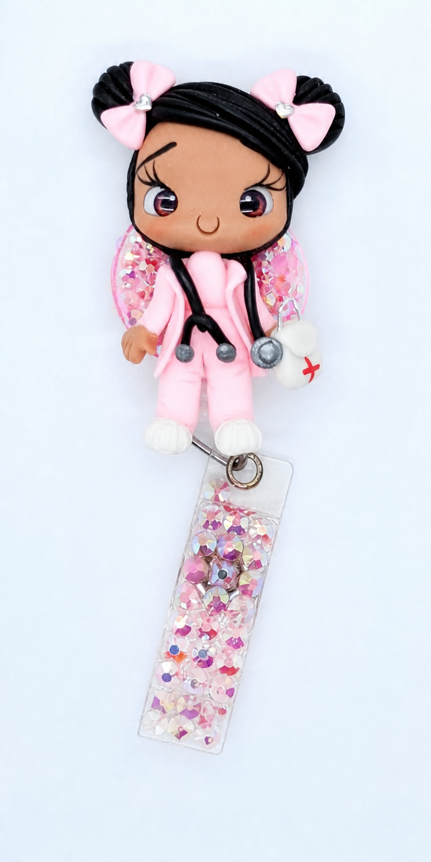 Pink Scrubs Nurse Badge Reel | Glitter Shaker | Clay Doll Topper