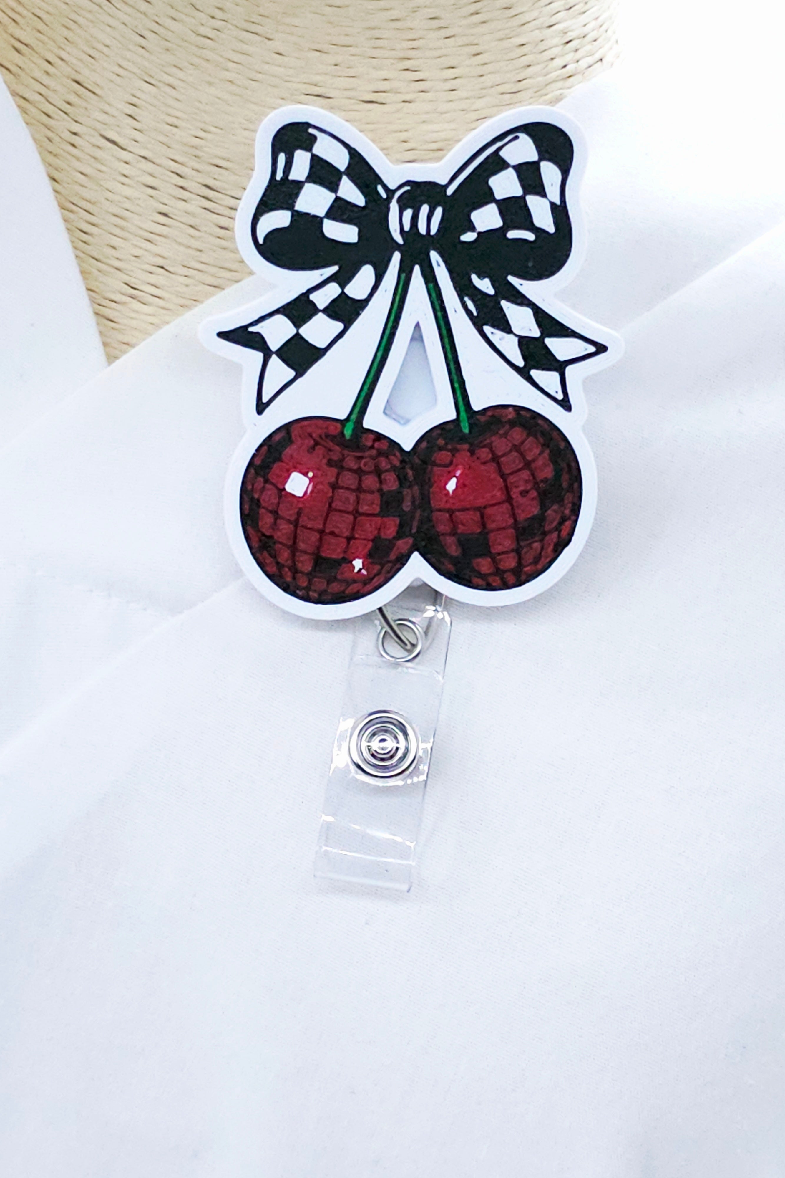 Disco Cherry Checkered Bow Badge Reel – Retractable Badge Holder for Nurses