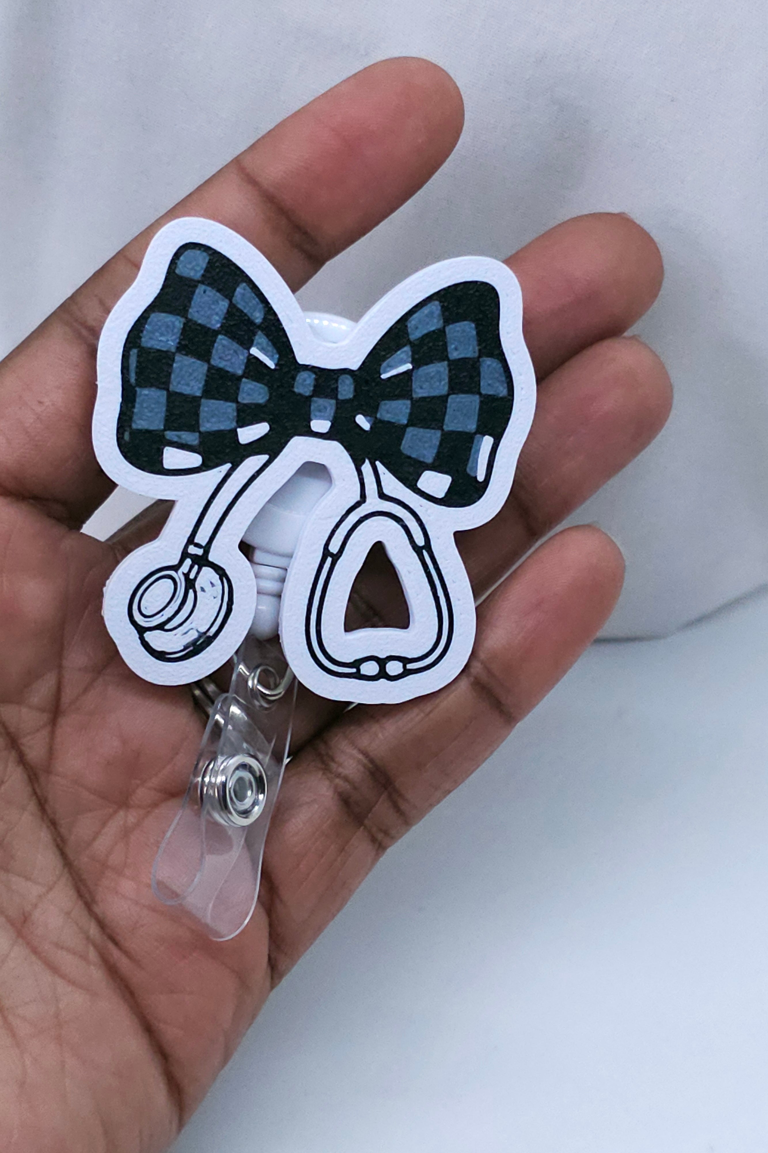 Checkered Bow Stethoscope Badge Reel – Retractable Nurse Badge Holder
