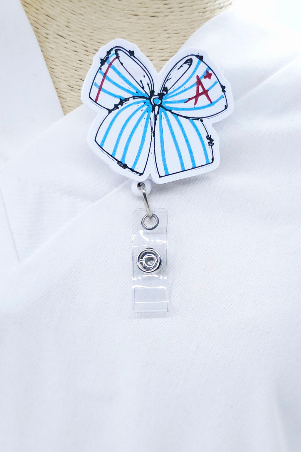 A+ Blue Stripe Bow Badge Reel – Cute Teacher & School Nurse Badge Holder
