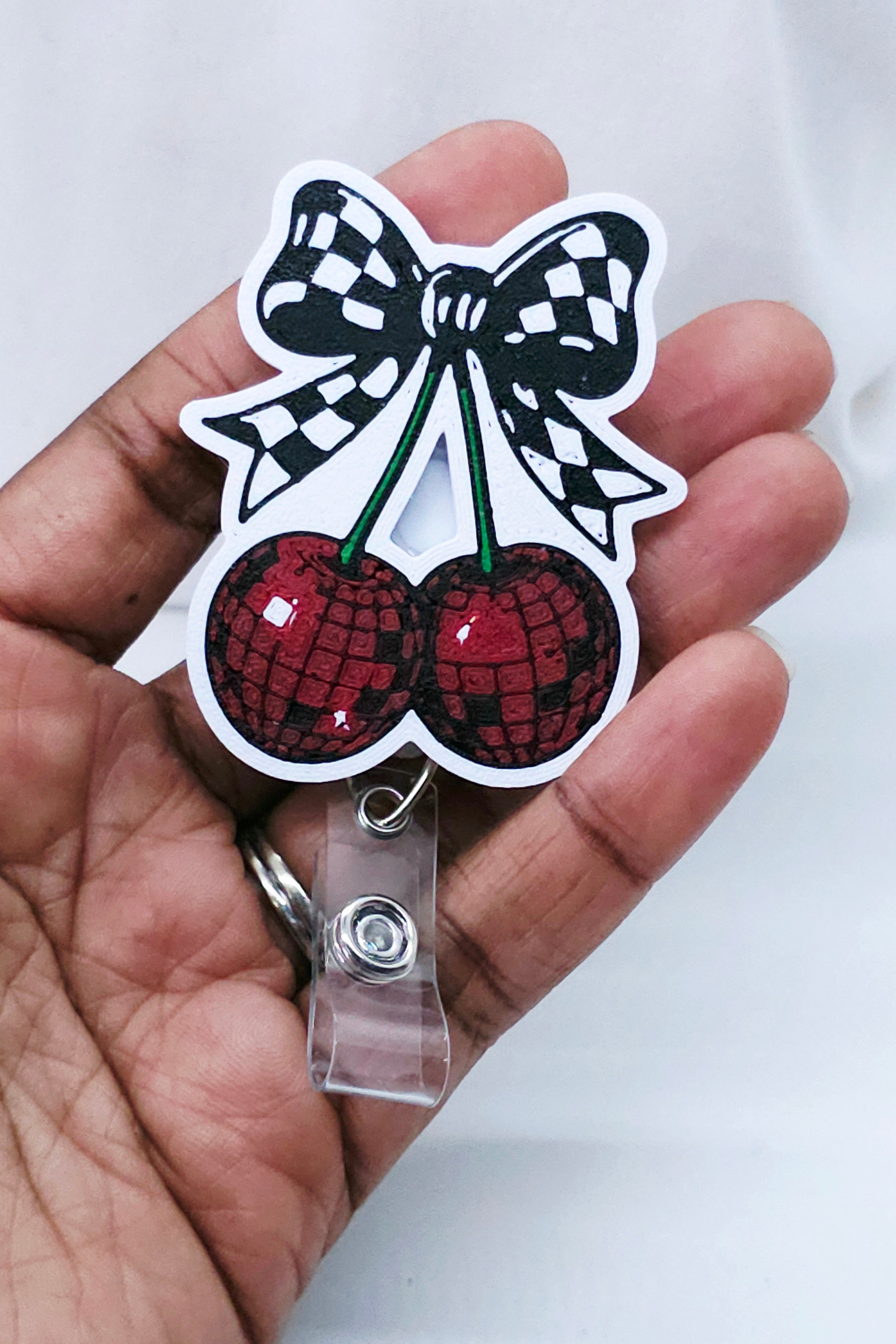 Disco Cherry Checkered Bow Badge Reel – Retractable Badge Holder for Nurses