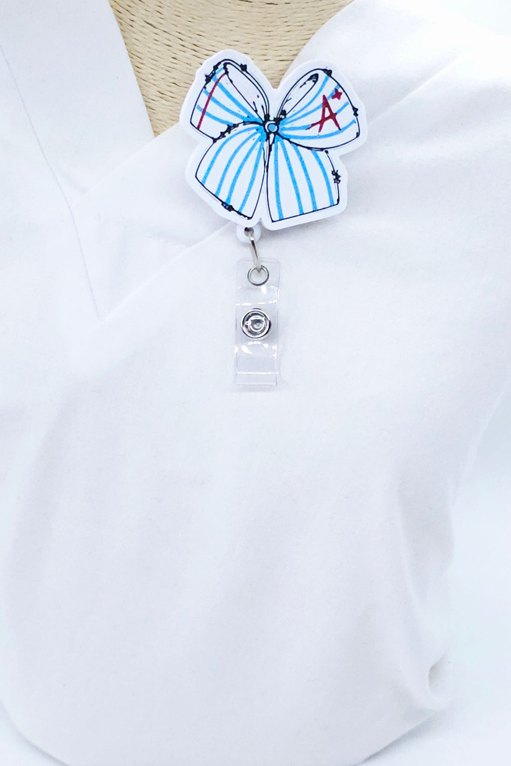 A+ Blue Stripe Bow Badge Reel – Cute Teacher & School Nurse Badge Holder