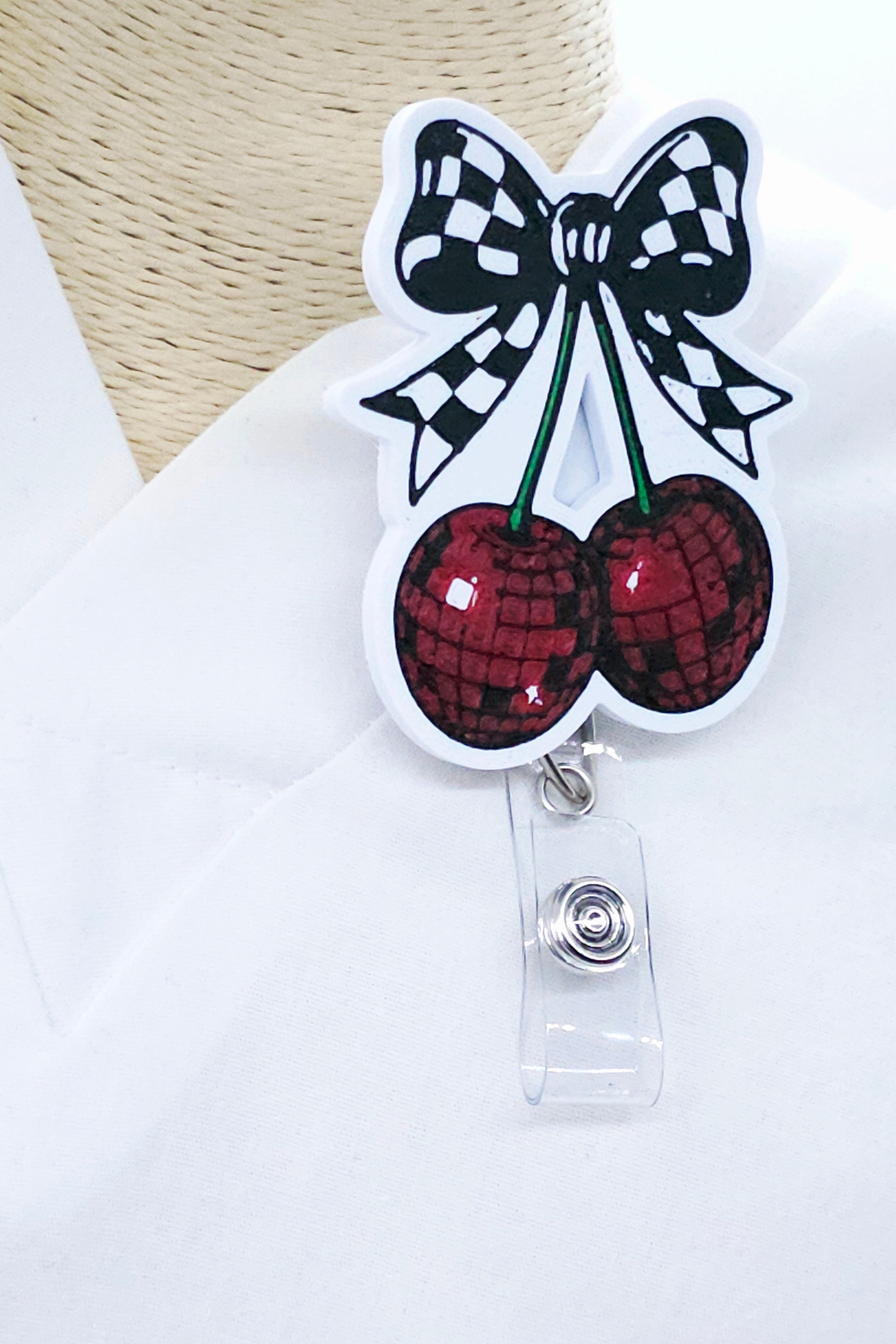 Disco Cherry Checkered Bow Badge Reel – Retractable Badge Holder for Nurses