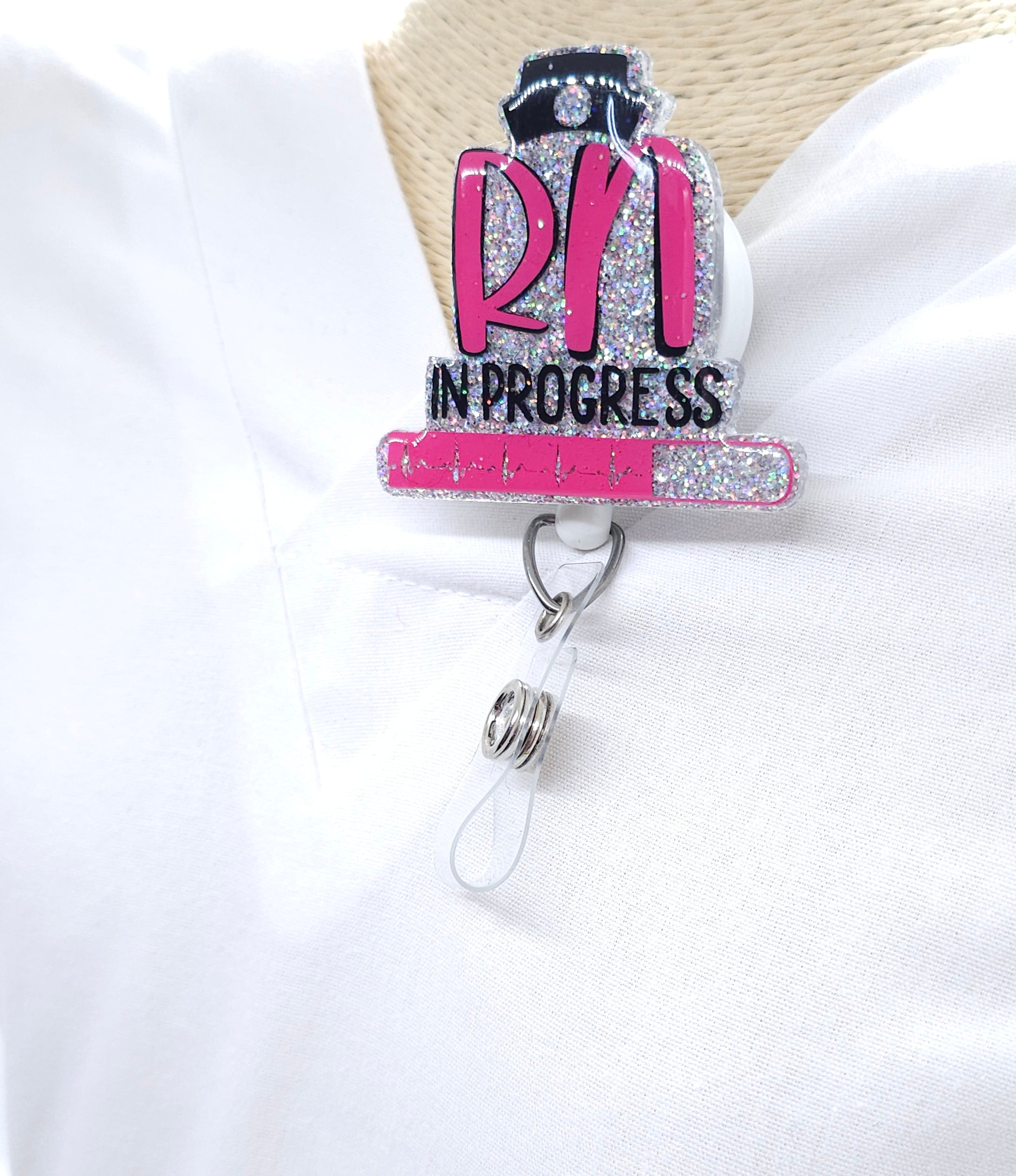 RN in Progress Acrylic Badge Reel - Glitter Nurse Badge Holder