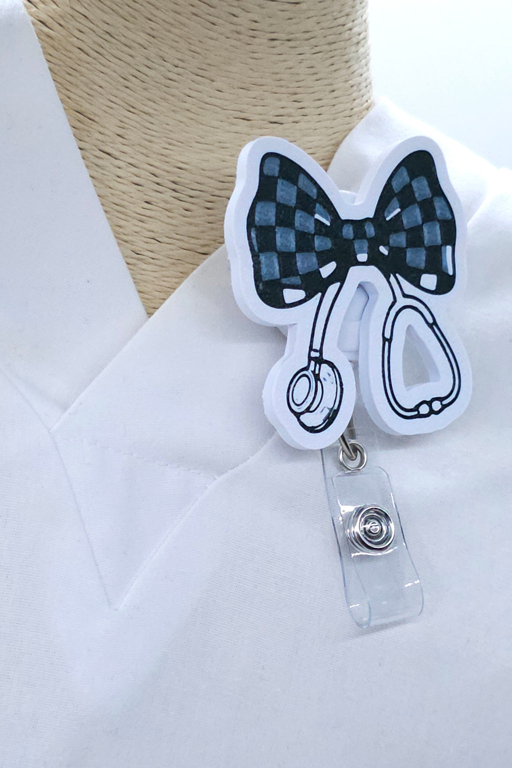Checkered Bow Stethoscope Badge Reel – Retractable Nurse Badge Holder