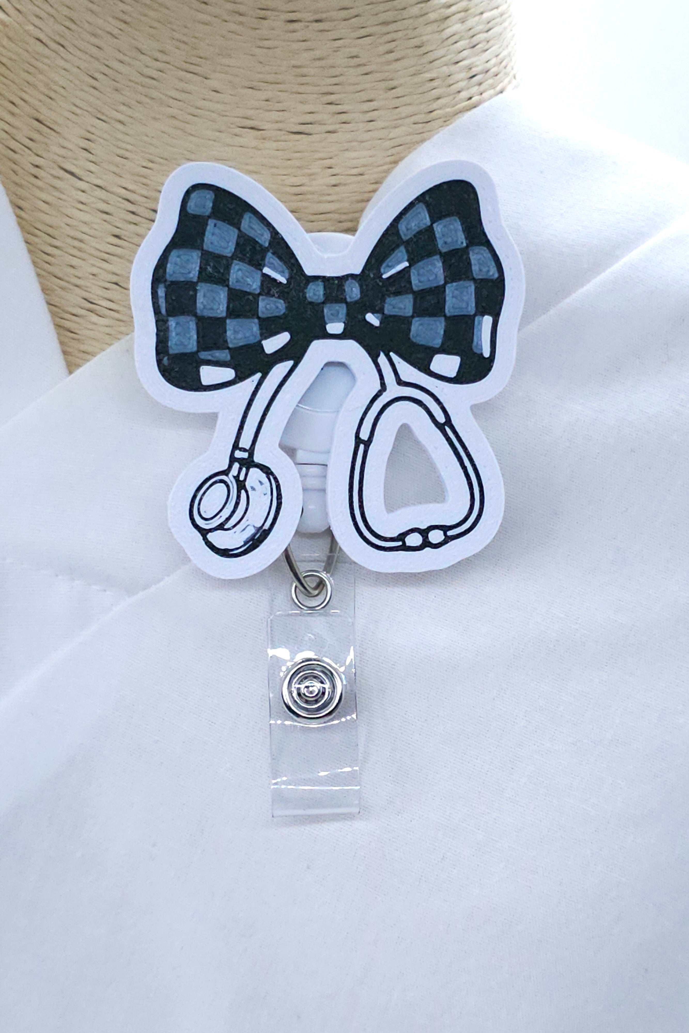 Checkered Bow Stethoscope Badge Reel – Retractable Nurse Badge Holder