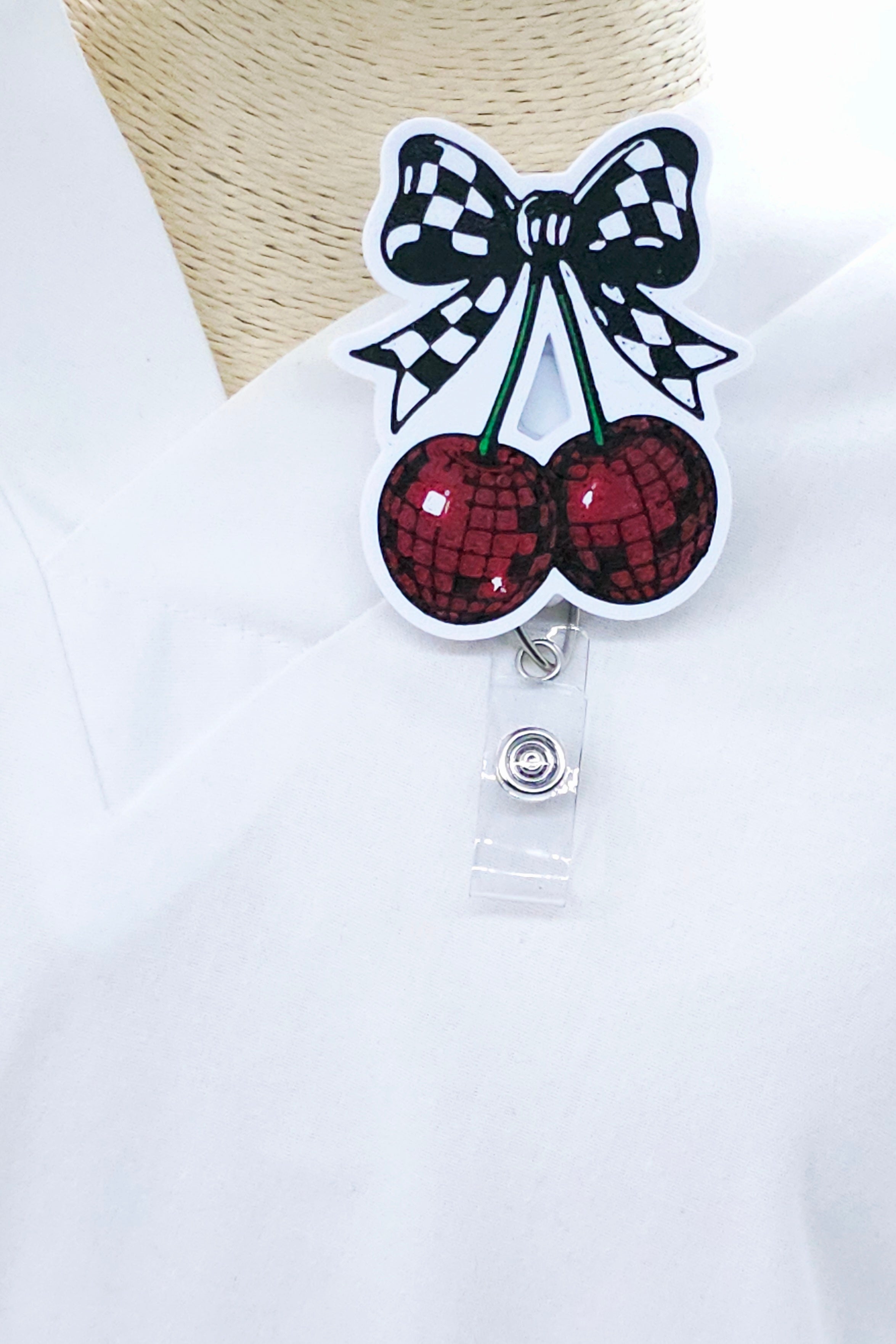 Disco Cherry Checkered Bow Badge Reel – Retractable Badge Holder for Nurses